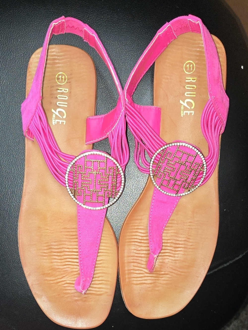 Rouge Helium Hot Pink T-Strap Sandals with Rhinestone Medallion